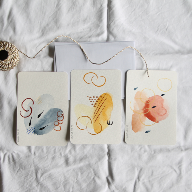 Three postcards with abstract watercolour paintings
