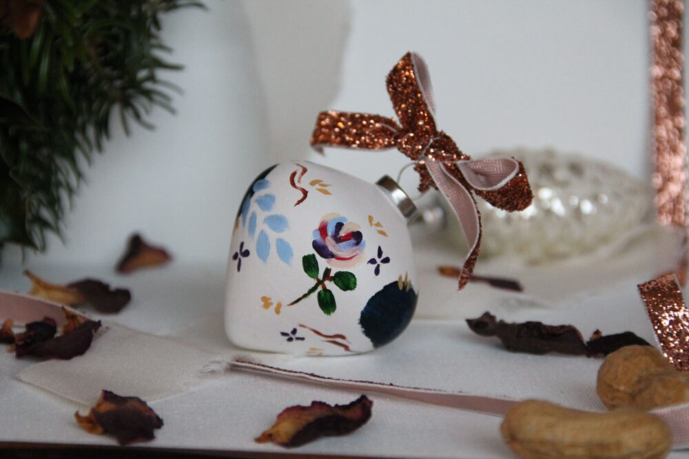 hand-painted rose on christmas ornament